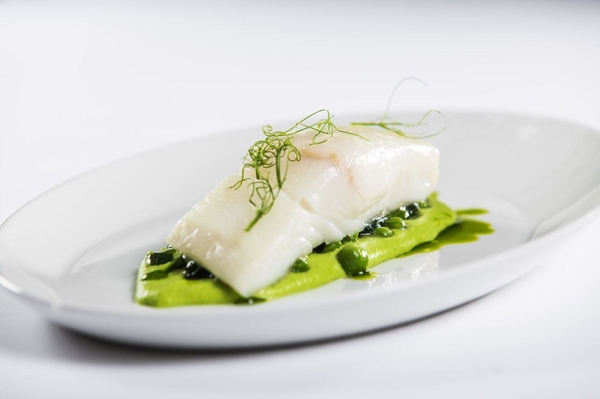 Baked Sterling Halibut with green peas