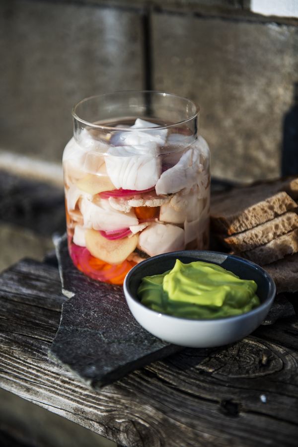 Sterling halibut pickled in glass