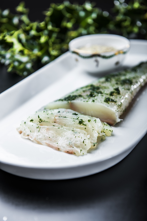 Diced Sterling halibut with mustard sauce