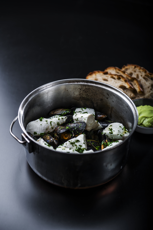Sterling halibut with mussels in a teapot