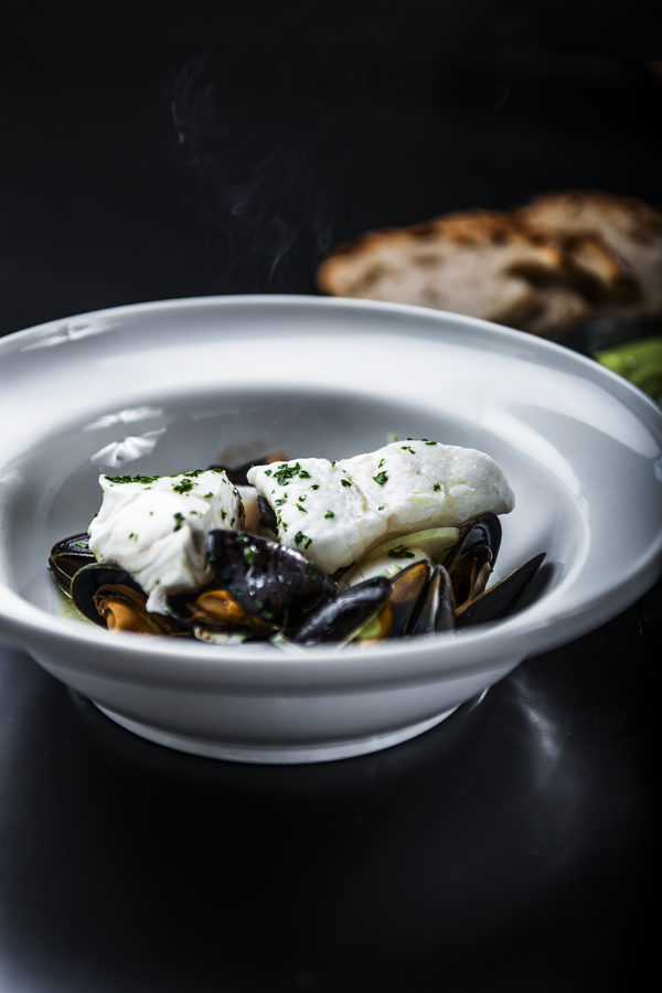 Sterling halibut with mussels in a teapot