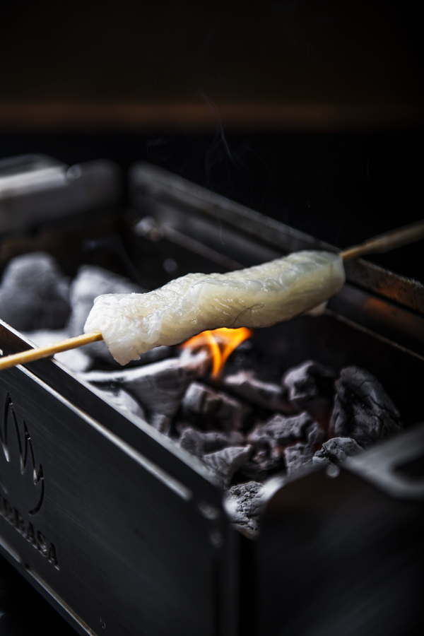 Sterling halibut grilled on skewers with satay sauce